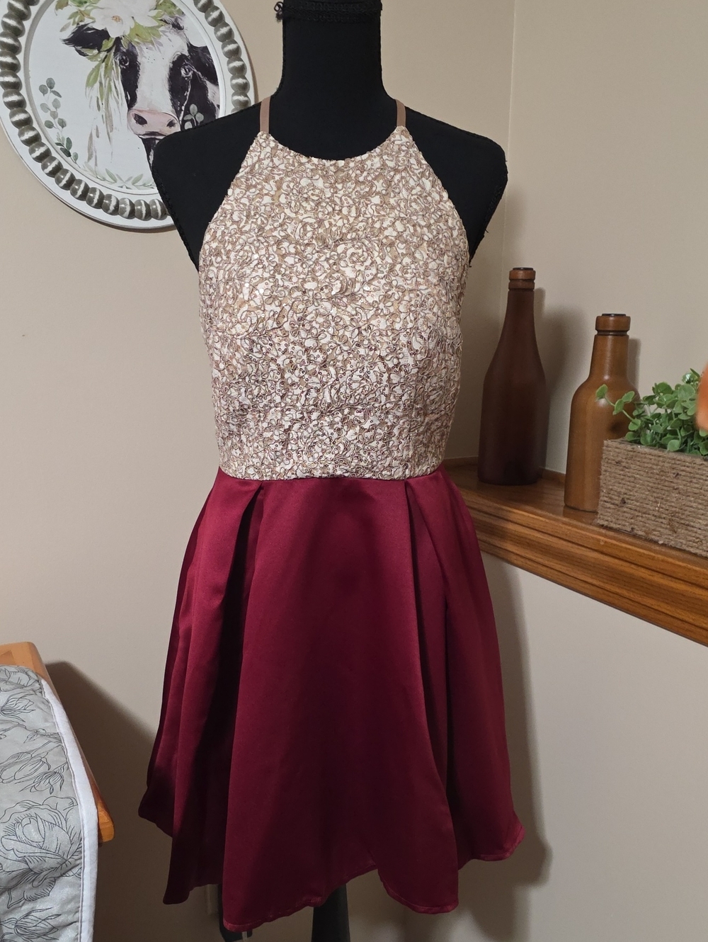 Xtraordinary Gold Lace Bodice Burgundy Satin Midi Dress